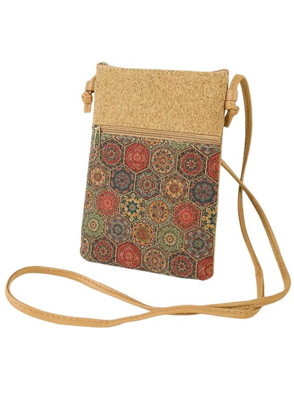 Cork Crossbody Phone Bag Boho Mosaic Tile Print Small Purse Adjustable Strap